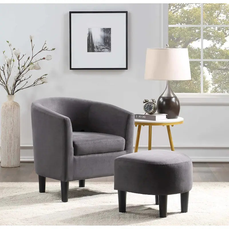 Barrel Accent Chair with Ottoman, High-Density Foam, Rubberwood Legs, Living Room Set
