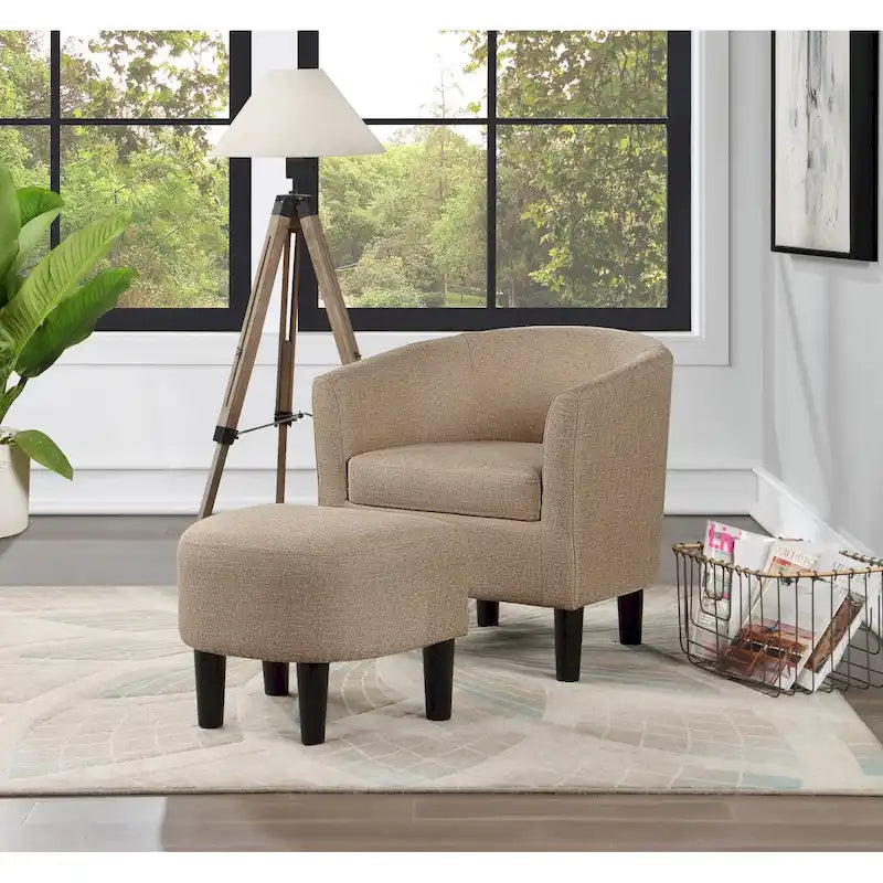 Barrel Accent Chair with Ottoman, High-Density Foam, Rubberwood Legs, Living Room Set