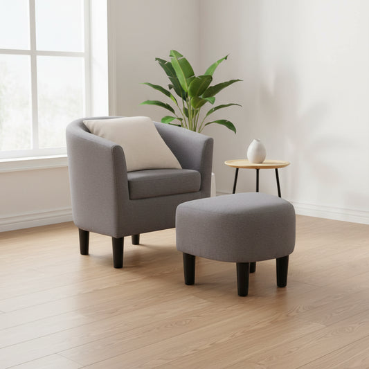 Barrel Accent Chair with Ottoman, High-Density Foam, Rubberwood Legs, Living Room Set