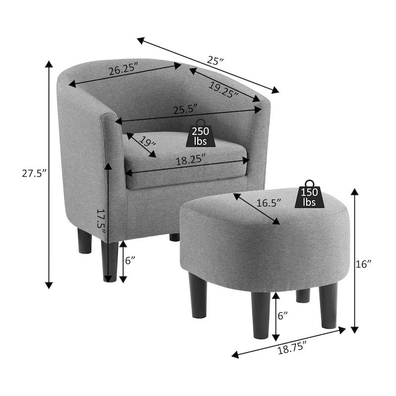 Barrel Accent Chair with Ottoman, High-Density Foam, Rubberwood Legs, Living Room Set