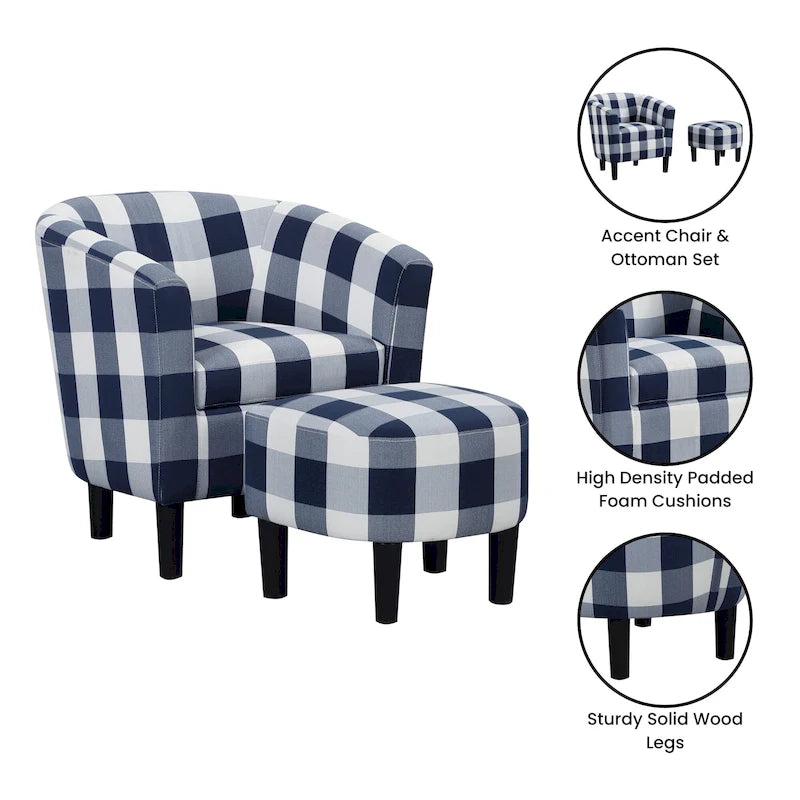 Barrel Accent Chair with Ottoman, High-Density Foam, Rubberwood Legs, Living Room Set