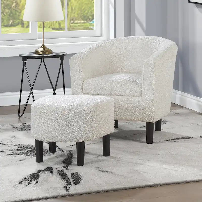 Barrel Accent Chair with Ottoman, High-Density Foam, Rubberwood Legs, Living Room Set