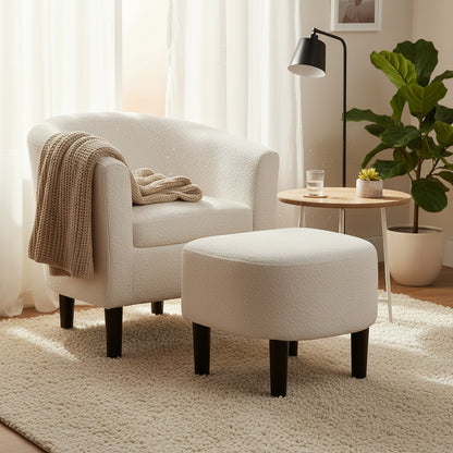 Barrel Accent Chair with Ottoman, High-Density Foam, Rubberwood Legs, Living Room Set