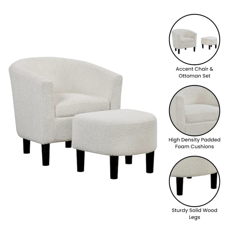 Barrel Accent Chair with Ottoman, High-Density Foam, Rubberwood Legs, Living Room Set