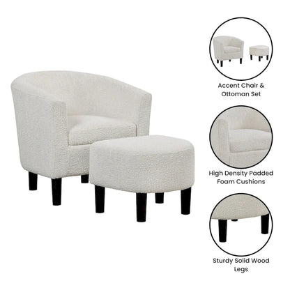 Barrel Accent Chair with Ottoman, High-Density Foam, Rubberwood Legs, Living Room Set