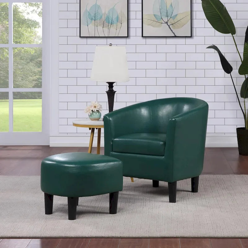 Barrel Accent Chair with Ottoman, High-Density Foam, Rubberwood Legs, Living Room Set