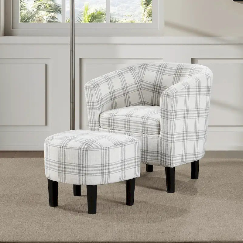 Barrel Accent Chair with Ottoman, High-Density Foam, Rubberwood Legs, Living Room Set