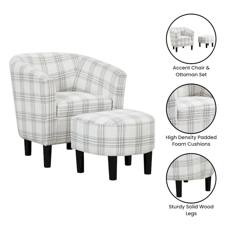 Barrel Accent Chair with Ottoman, High-Density Foam, Rubberwood Legs, Living Room Set