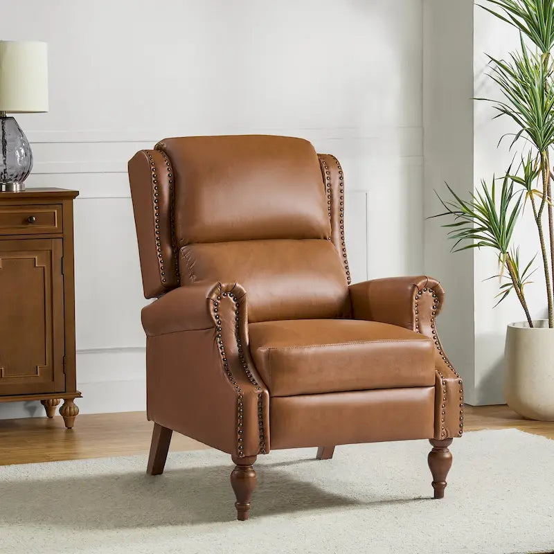 Traditional Vegan Leather Manual Push-Back Recliner, Padded Armrests, Solid Wood Legs, Living Room