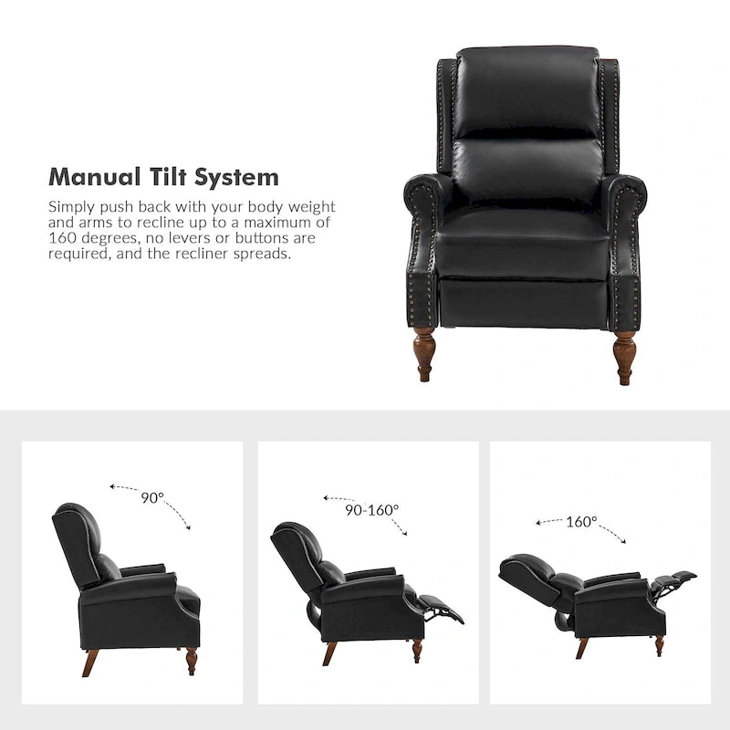 Traditional Vegan Leather Manual Push-Back Recliner, Padded Armrests, Solid Wood Legs, Living Room