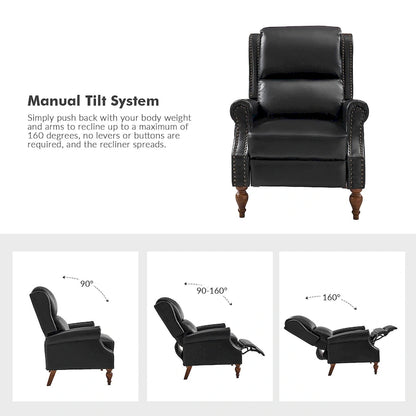 Traditional Vegan Leather Manual Push-Back Recliner, Padded Armrests, Solid Wood Legs, Living Room