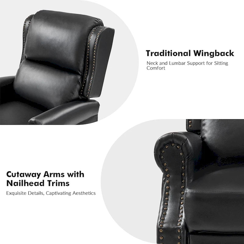 Traditional Vegan Leather Manual Push-Back Recliner, Padded Armrests, Solid Wood Legs, Living Room