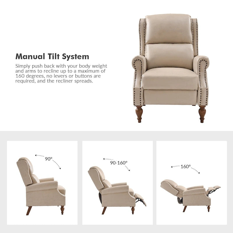 Traditional Vegan Leather Manual Push-Back Recliner, Padded Armrests, Solid Wood Legs, Living Room