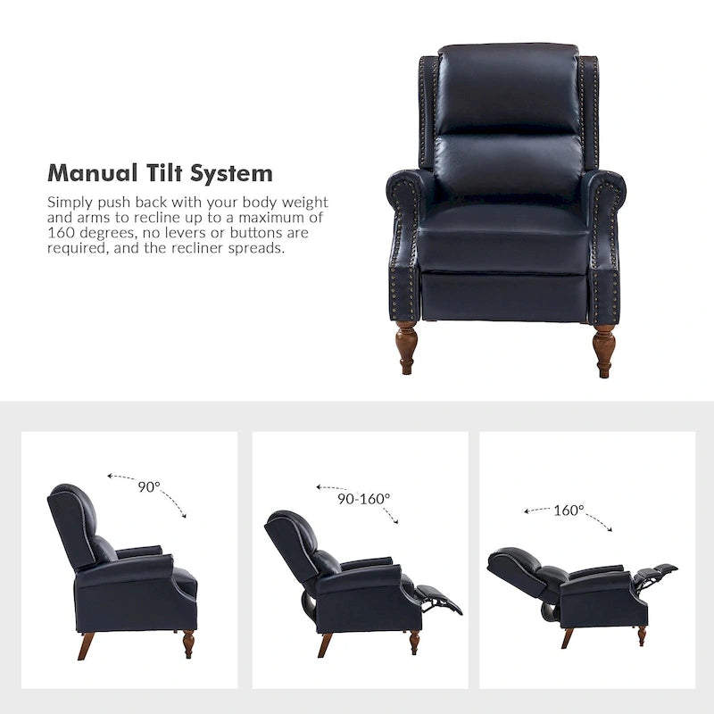 Traditional Vegan Leather Manual Push-Back Recliner, Padded Armrests, Solid Wood Legs, Living Room