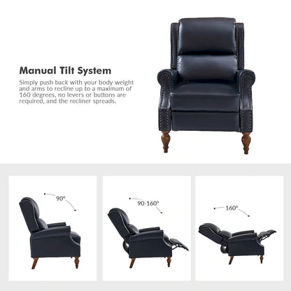 Traditional Vegan Leather Manual Push-Back Recliner, Padded Armrests, Solid Wood Legs, Living Room