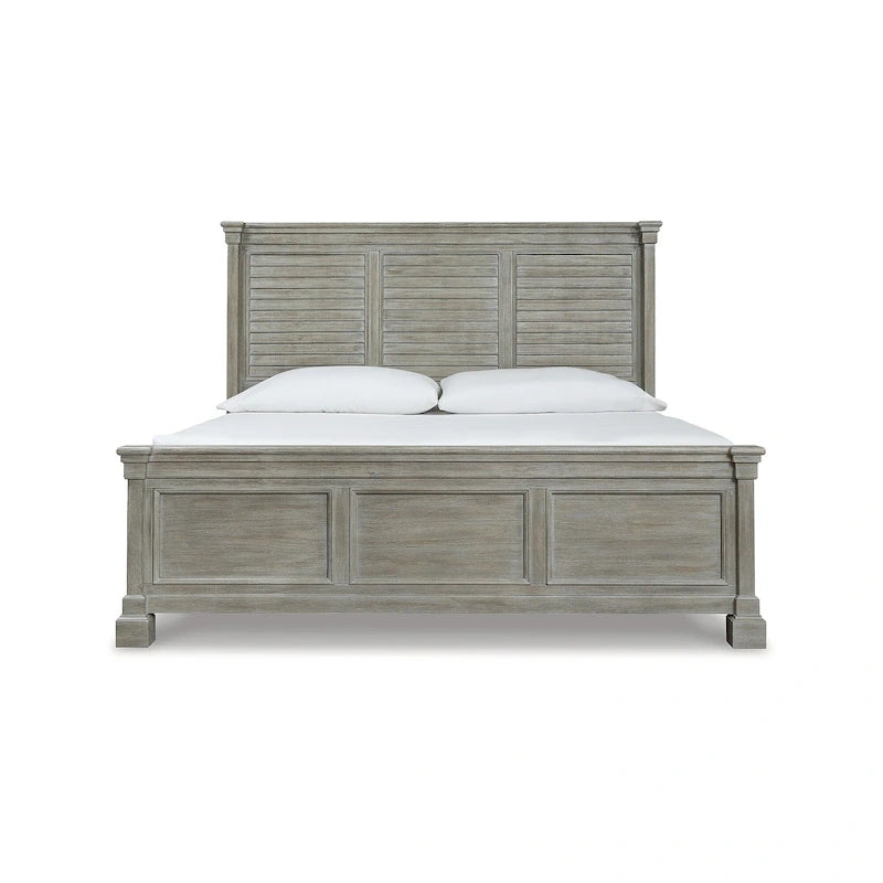 Queen Panel Bed, Glazed Bisque Wire-Brushed Finish, Louvered Headboard, Wood & Veneer, Traditional Style