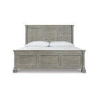 Queen Panel Bed, Glazed Bisque Wire-Brushed Finish, Louvered Headboard, Wood & Veneer, Traditional Style