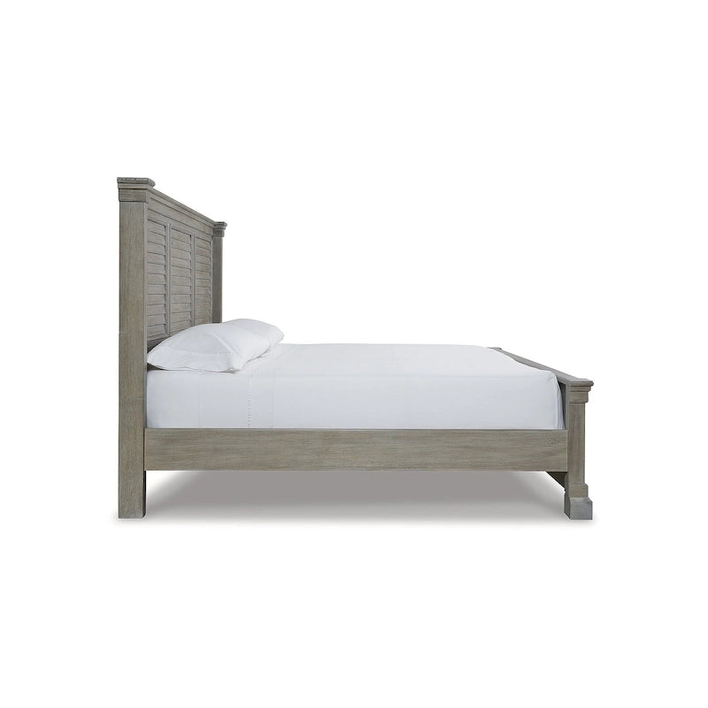 Queen Panel Bed, Glazed Bisque Wire-Brushed Finish, Louvered Headboard, Wood & Veneer, Traditional Style