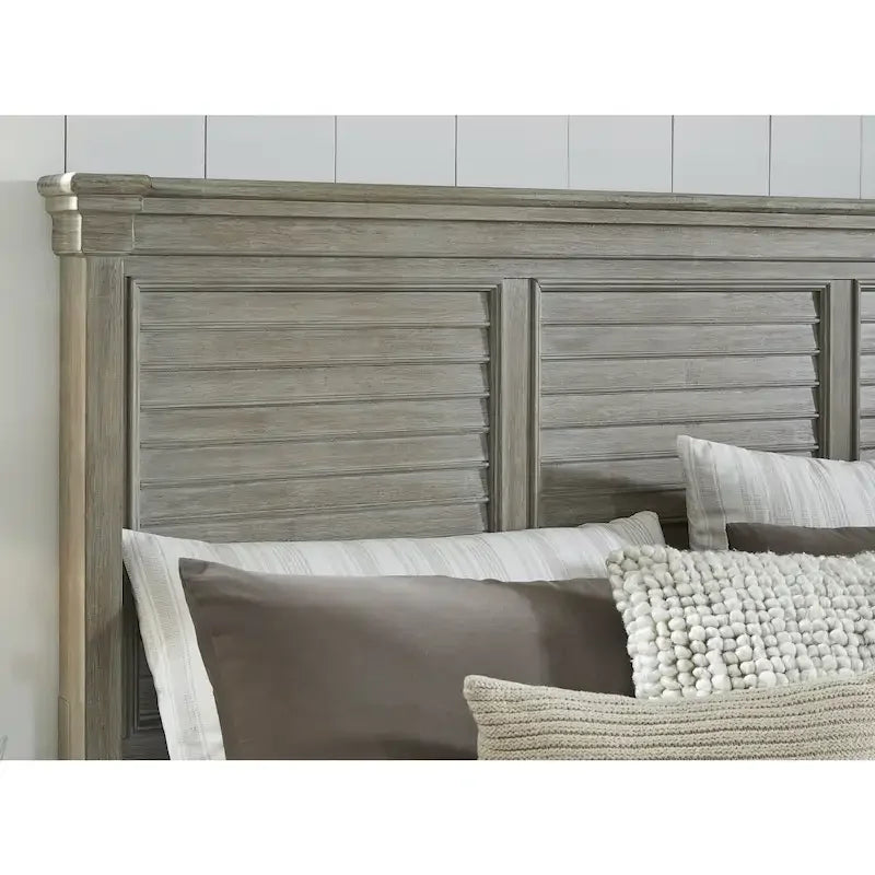 Queen Panel Bed, Glazed Bisque Wire-Brushed Finish, Louvered Headboard, Wood & Veneer, Traditional Style