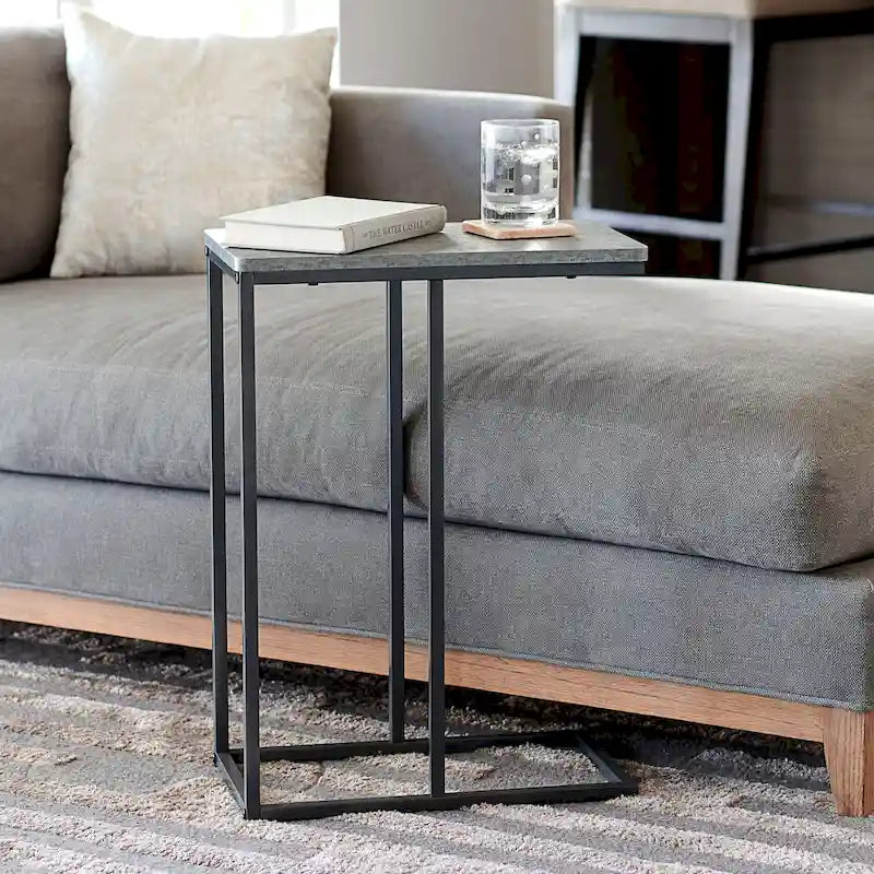 C-Shape Side Table, Faux Stone Top, Black Frame, Space-Saving Design