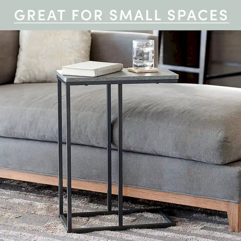 C-Shape Side Table, Faux Stone Top, Black Frame, Space-Saving Design