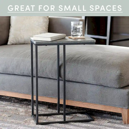 C-Shape Side Table, Faux Stone Top, Black Frame, Space-Saving Design