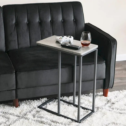 C-Shape Side Table, Faux Stone Top, Black Frame, Space-Saving Design