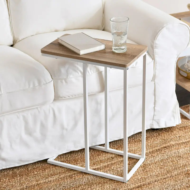 C-Shape Side Table, Faux Stone Top, Black Frame, Space-Saving Design