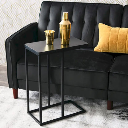 C-Shape Side Table, Faux Stone Top, Black Frame, Space-Saving Design