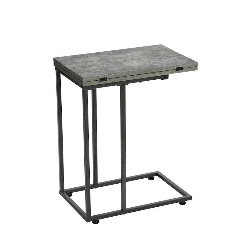 C-Shape Side Table, Faux Stone Top, Black Frame, Space-Saving Design