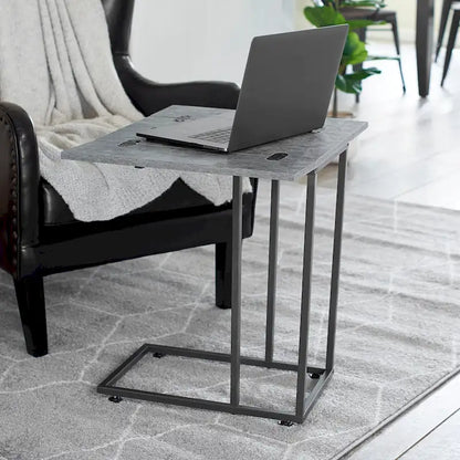 C-Shape Side Table, Faux Stone Top, Black Frame, Space-Saving Design