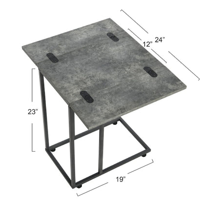 C-Shape Side Table, Faux Stone Top, Black Frame, Space-Saving Design