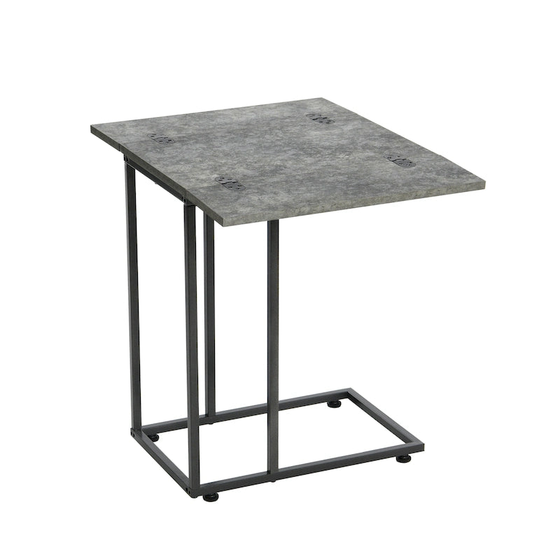 C-Shape Side Table, Faux Stone Top, Black Frame, Space-Saving Design