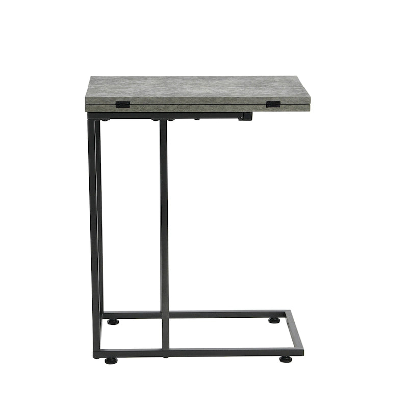 C-Shape Side Table, Faux Stone Top, Black Frame, Space-Saving Design