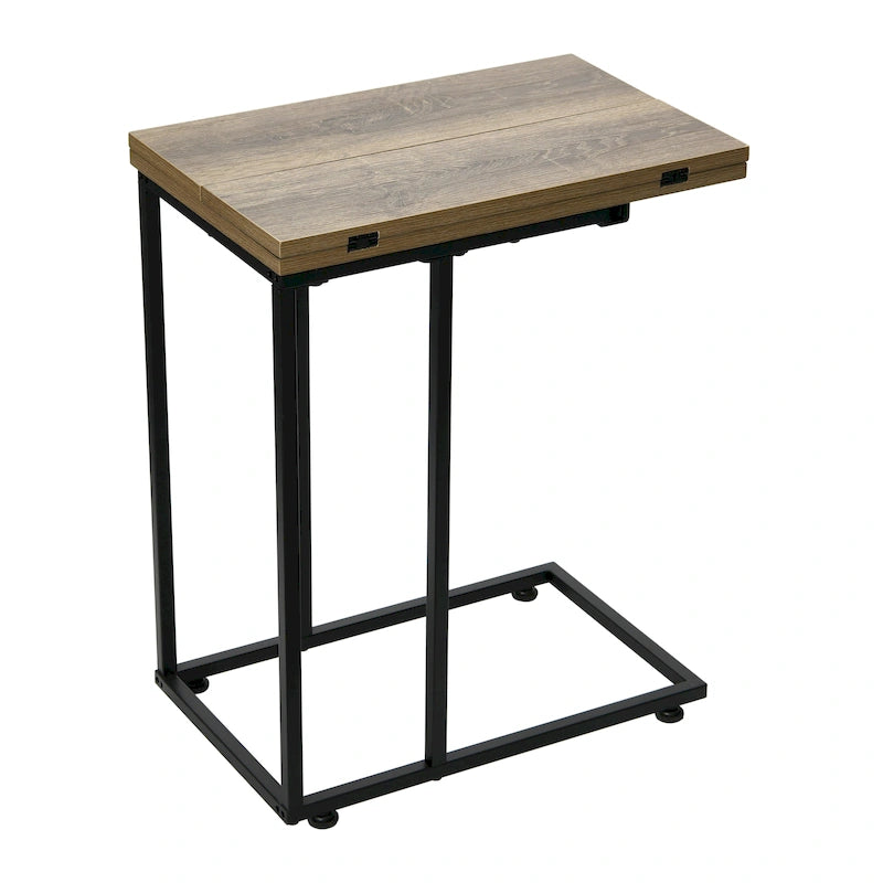 C-Shape Side Table, Faux Stone Top, Black Frame, Space-Saving Design