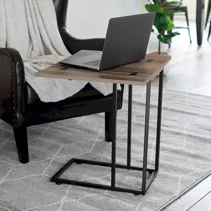 C-Shape Side Table, Faux Stone Top, Black Frame, Space-Saving Design