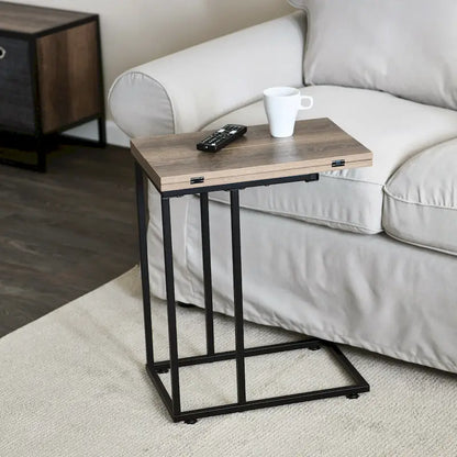 C-Shape Side Table, Faux Stone Top, Black Frame, Space-Saving Design