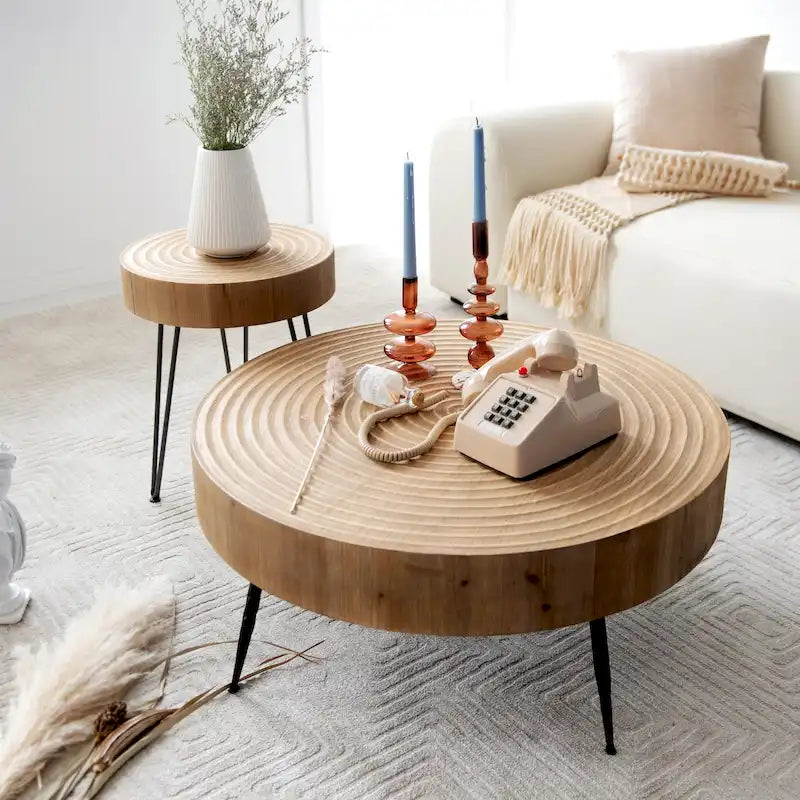 2-Piece Rustic Round Coffee Table, Solid Pine & Fir Veneer, Distressed Natural Wood Finish