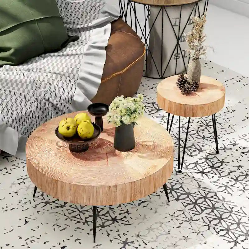 2-Piece Rustic Round Coffee Table, Solid Pine & Fir Veneer, Distressed Natural Wood Finish
