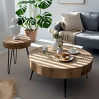 2-Piece Rustic Round Coffee Table, Solid Pine & Fir Veneer, Distressed Natural Wood Finish