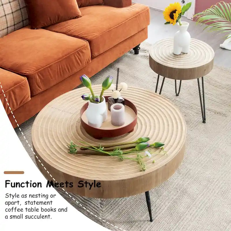 2-Piece Rustic Round Coffee Table, Solid Pine & Fir Veneer, Distressed Natural Wood Finish