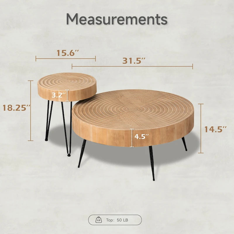 2-Piece Rustic Round Coffee Table, Solid Pine & Fir Veneer, Distressed Natural Wood Finish