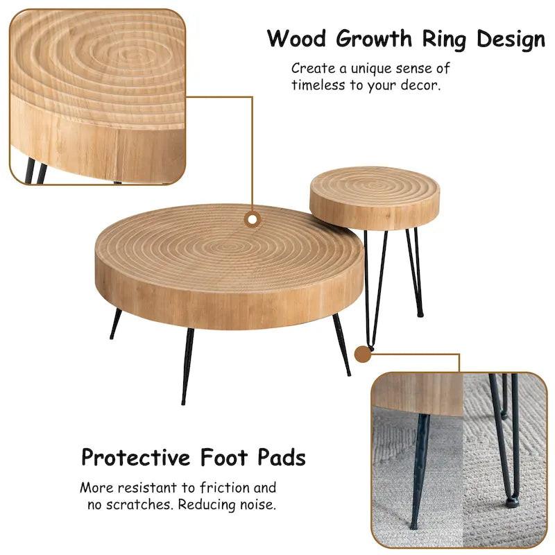 2-Piece Rustic Round Coffee Table, Solid Pine & Fir Veneer, Distressed Natural Wood Finish