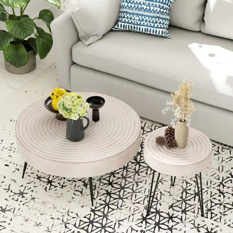 2-Piece Rustic Round Coffee Table, Solid Pine & Fir Veneer, Distressed Natural Wood Finish