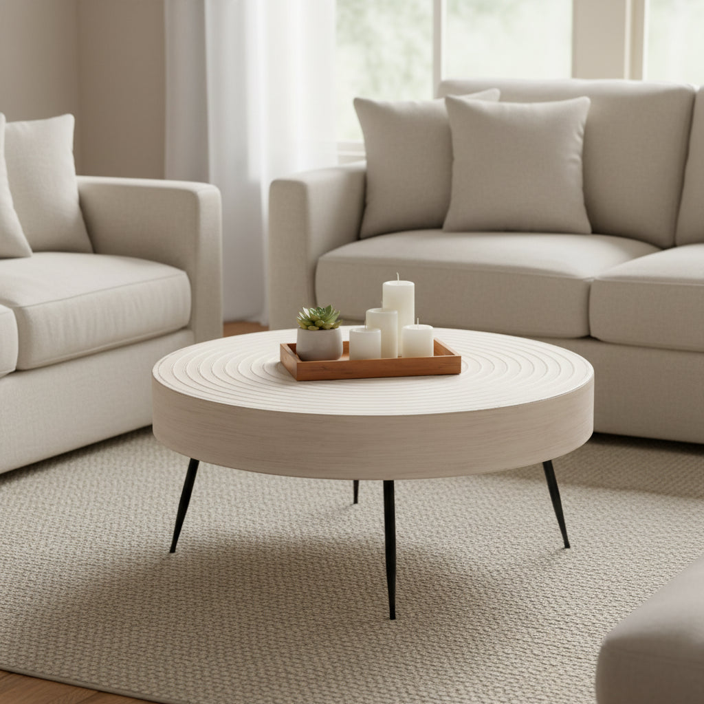 2-Piece Rustic Round Coffee Table, Solid Pine & Fir Veneer, Distressed Natural Wood Finish