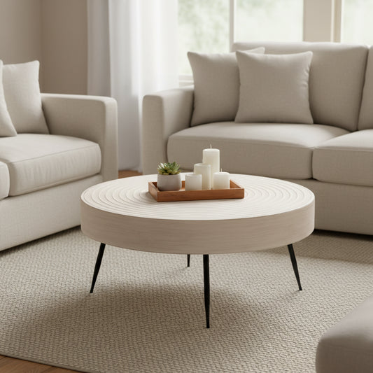 2-Piece Rustic Round Coffee Table, Solid Pine & Fir Veneer, Distressed Natural Wood Finish
