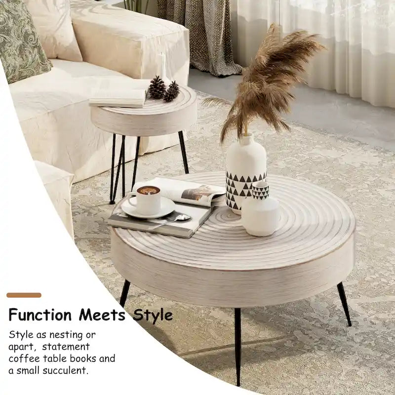 2-Piece Rustic Round Coffee Table, Solid Pine & Fir Veneer, Distressed Natural Wood Finish