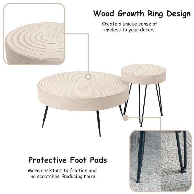 2-Piece Rustic Round Coffee Table, Solid Pine & Fir Veneer, Distressed Natural Wood Finish