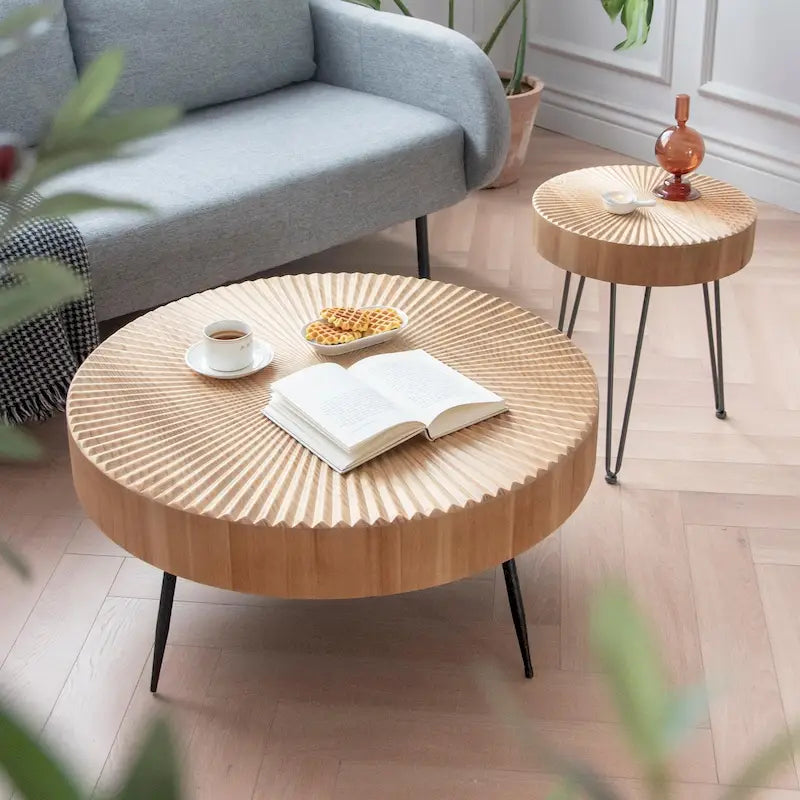 2-Piece Rustic Round Coffee Table, Solid Pine & Fir Veneer, Distressed Natural Wood Finish