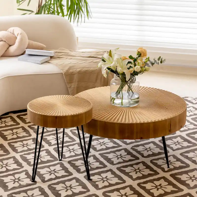 2-Piece Rustic Round Coffee Table, Solid Pine & Fir Veneer, Distressed Natural Wood Finish